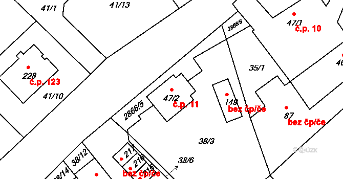 Branná 11, Třeboň na parcele st. 47/2 v KÚ Branná, Katastrální mapa