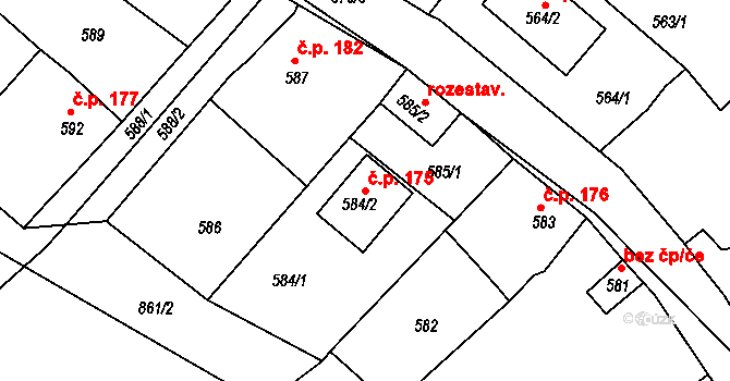 Loděnice 175 na parcele st. 584/2 v KÚ Loděnice u Berouna, Katastrální mapa