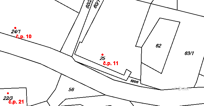 Lážovice 11 na parcele st. 25 v KÚ Lážovice, Katastrální mapa