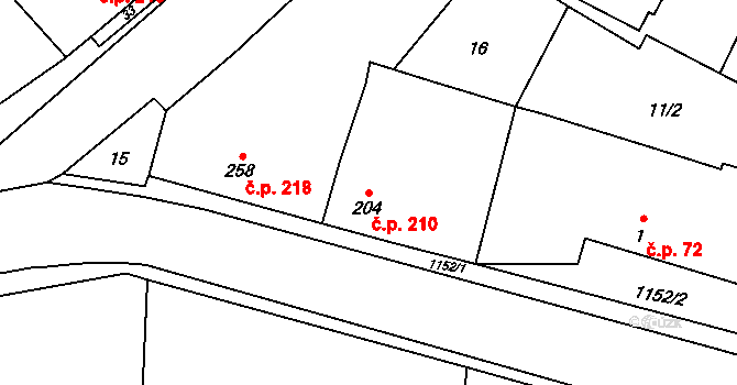 Senice na Hané 210 na parcele st. 204 v KÚ Senice na Hané, Katastrální mapa