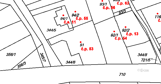Příčina 53 na parcele st. 91 v KÚ Příčina, Katastrální mapa