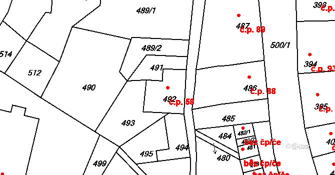 Mimoň II 58, Mimoň na parcele st. 492 v KÚ Mimoň, Katastrální mapa