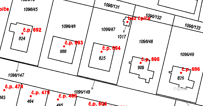 Hluboká nad Vltavou 694 na parcele st. 825 v KÚ Hluboká nad Vltavou, Katastrální mapa