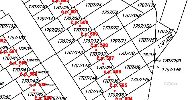 Miřetice u Klášterce nad Ohří 597, Klášterec nad Ohří na parcele st. 1707/33 v KÚ Miřetice u Klášterce nad Ohří, Katastrální mapa