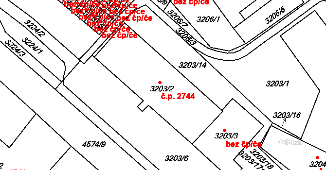 Teplice 2744 na parcele st. 3203/2 v KÚ Teplice, Katastrální mapa
