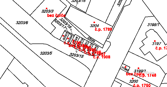 Teplice 1906 na parcele st. 3203/11 v KÚ Teplice, Katastrální mapa
