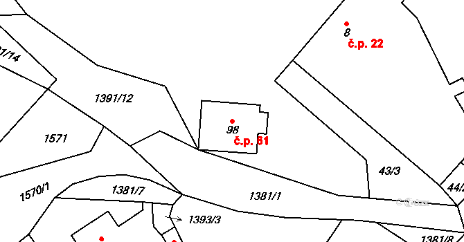 Milčice 61, Myslív na parcele st. 98 v KÚ Milčice, Katastrální mapa