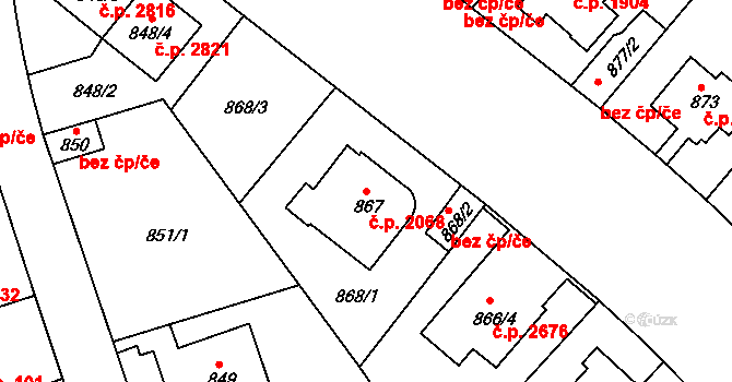 Smíchov 2068, Praha na parcele st. 867 v KÚ Smíchov, Katastrální mapa