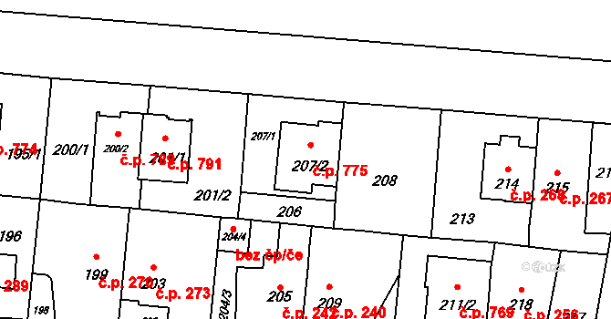 Čimice 775, Praha na parcele st. 207/2 v KÚ Čimice, Katastrální mapa