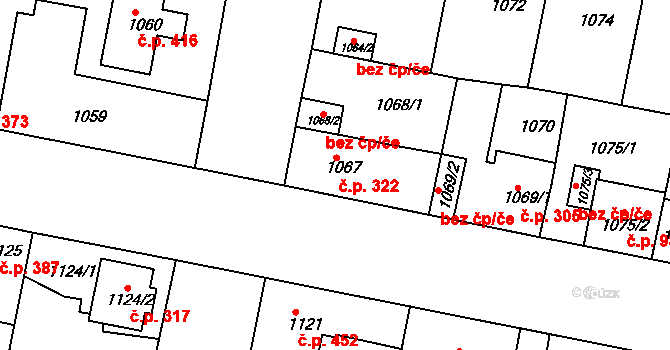 Čakovice 322, Praha na parcele st. 1067 v KÚ Čakovice, Katastrální mapa