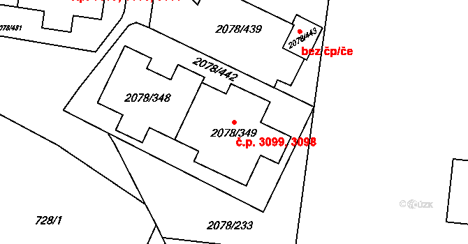 Záběhlice 3098,3099, Praha na parcele st. 2078/349 v KÚ Záběhlice, Katastrální mapa