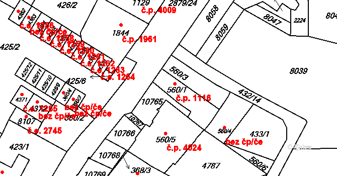 Hodonín 1116 na parcele st. 560/1 v KÚ Hodonín, Katastrální mapa