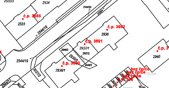 Chomutov 3691 na parcele st. 2937/1 v KÚ Chomutov II, Katastrální mapa