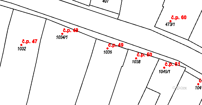 Blučina 49 na parcele st. 1036 v KÚ Blučina, Katastrální mapa