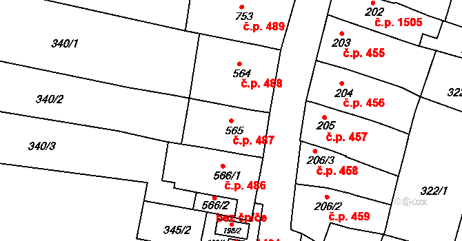 Ivančice 487 na parcele st. 565 v KÚ Ivančice, Katastrální mapa