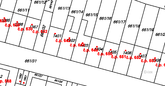 Rosice 648 na parcele st. 1403 v KÚ Rosice u Brna, Katastrální mapa