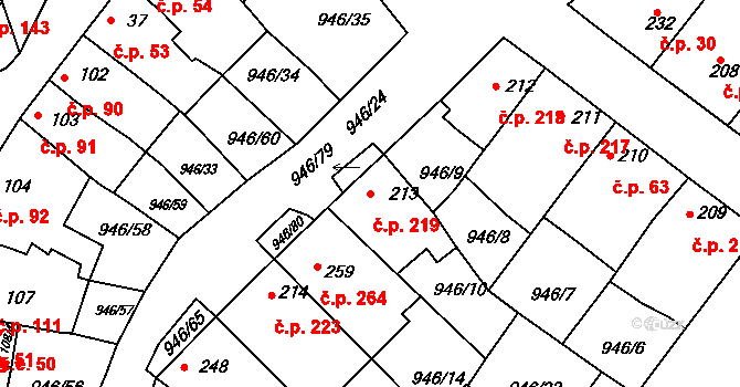 Čebín 219 na parcele st. 213 v KÚ Čebín, Katastrální mapa