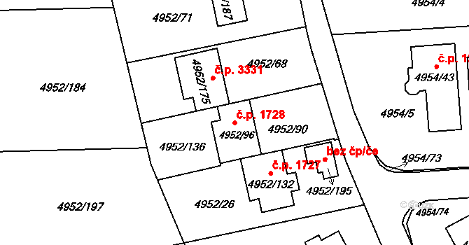 Most 1728 na parcele st. 4952/96 v KÚ Most II, Katastrální mapa