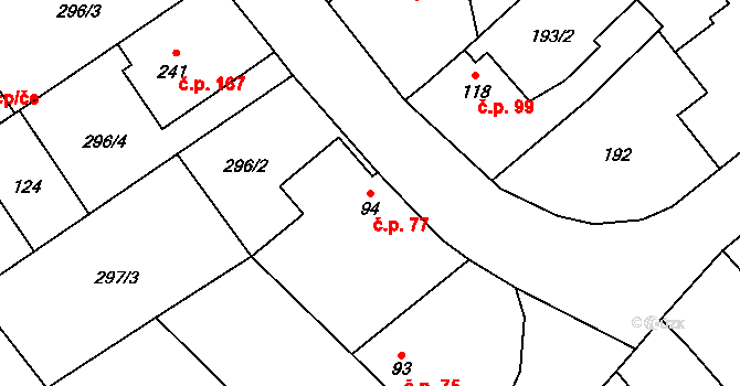 Katusice 77 na parcele st. 94 v KÚ Katusice, Katastrální mapa