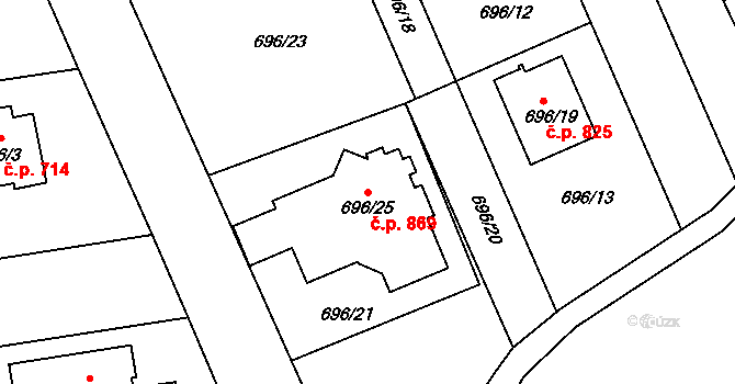 Řeporyje 869, Praha na parcele st. 696/25 v KÚ Řeporyje, Katastrální mapa
