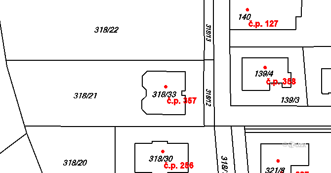 Červený Hrádek 357, Plzeň na parcele st. 318/33 v KÚ Červený Hrádek u Plzně, Katastrální mapa
