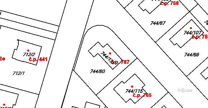 Kolovraty 787, Praha na parcele st. 744/135 v KÚ Kolovraty, Katastrální mapa