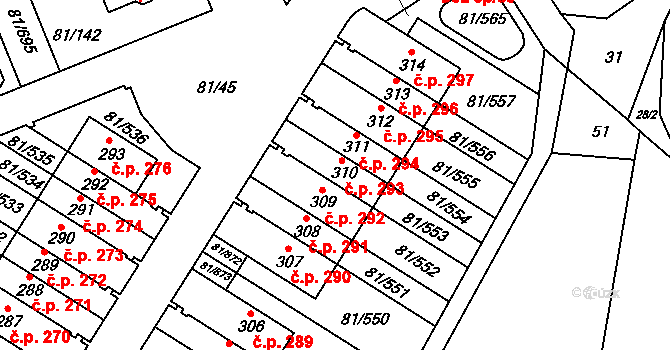 Nupaky 293 na parcele st. 310 v KÚ Nupaky, Katastrální mapa