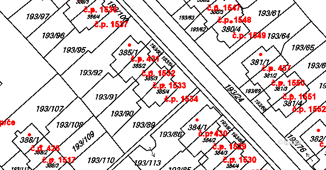 Sezimovo Ústí 1534 na parcele st. 385/4 v KÚ Sezimovo Ústí, Katastrální mapa