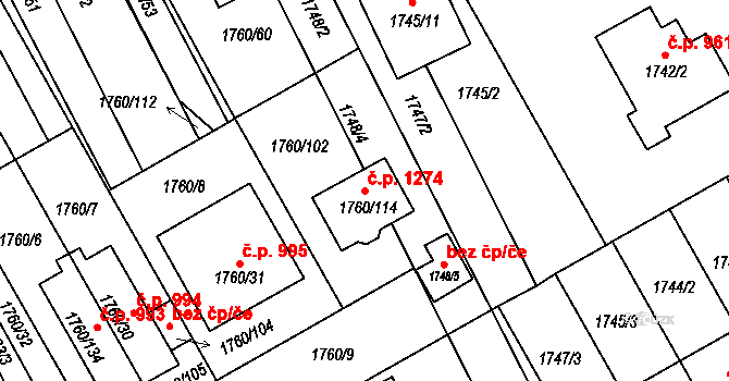 Rohatec 1274 na parcele st. 1760/114 v KÚ Rohatec, Katastrální mapa