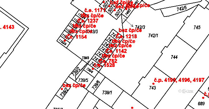 Chomutov 1142 na parcele st. 741/5 v KÚ Chomutov II, Katastrální mapa