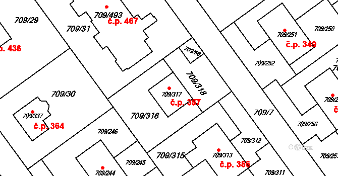 Popůvky 357 na parcele st. 709/317 v KÚ Popůvky u Brna, Katastrální mapa