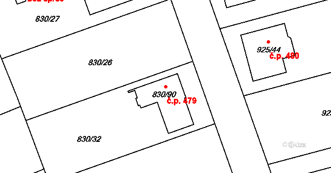 Srubec 479 na parcele st. 830/90 v KÚ Srubec, Katastrální mapa