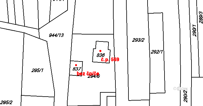 Lipov 569 na parcele st. 836 v KÚ Lipov, Katastrální mapa