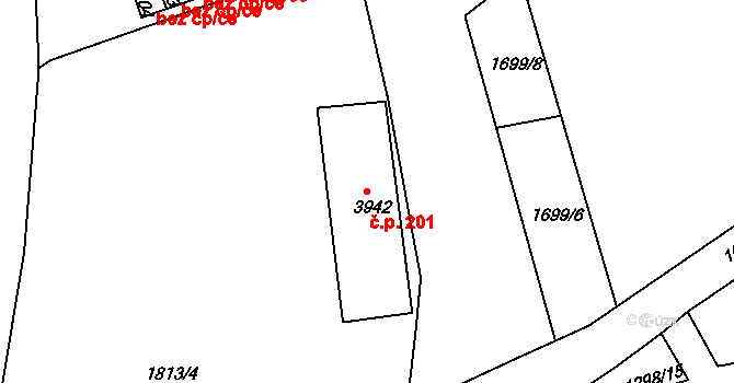 Nymburk 201 na parcele st. 3942 v KÚ Nymburk, Katastrální mapa