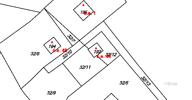 Hutě 44, Černýšovice na parcele st. 192 v KÚ Černýšovice, Katastrální mapa