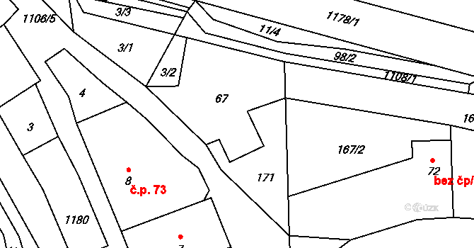 Dolní Bory 75, Bory na parcele st. 67 v KÚ Dolní Bory, Katastrální mapa