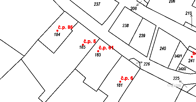 Prosetín 61 na parcele st. 183 v KÚ Prosetín u Bystřice nad Pernštejnem, Katastrální mapa