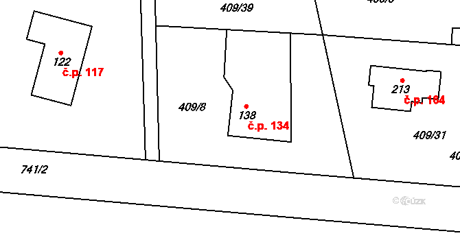 Studánka 134, Hranice na parcele st. 138 v KÚ Studánka u Aše, Katastrální mapa
