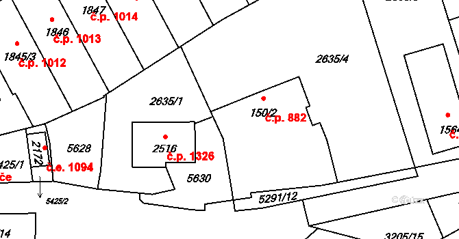 Vizovice 882 na parcele st. 150/2 v KÚ Vizovice, Katastrální mapa