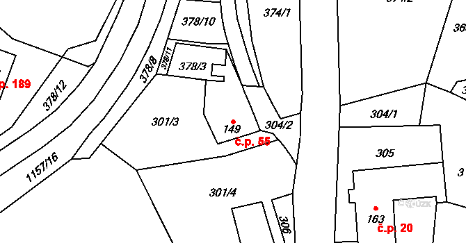 Vlčková 55 na parcele st. 149 v KÚ Vlčková, Katastrální mapa