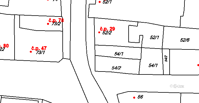 Topolany 104 na parcele st. 54/1 v KÚ Topolany u Vyškova, Katastrální mapa
