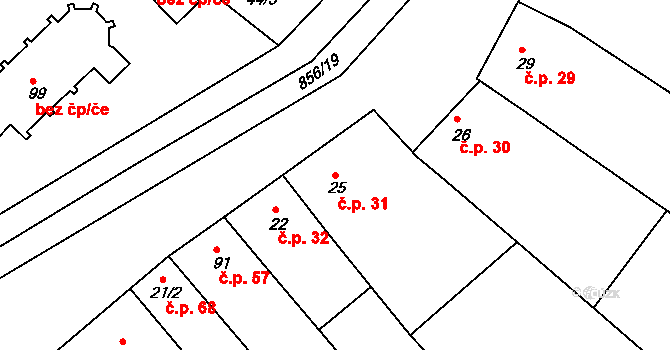 Podbřežice 31 na parcele st. 25 v KÚ Podbřežice, Katastrální mapa