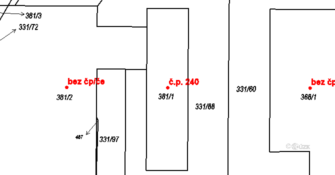 Tišice 240 na parcele st. 381/1 v KÚ Tišice, Katastrální mapa