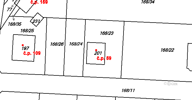 Hroubovice 59 na parcele st. 201 v KÚ Hroubovice, Katastrální mapa
