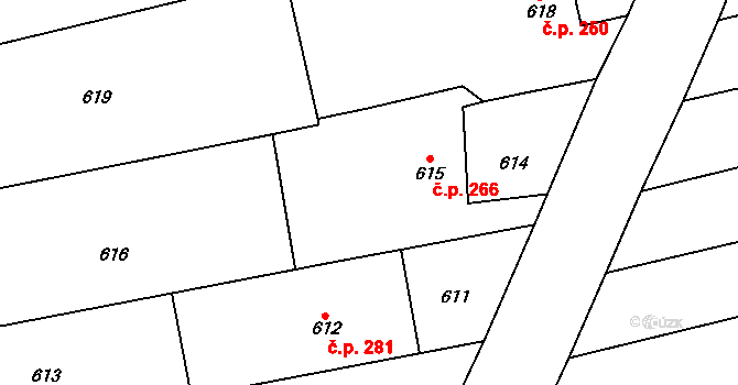 Velešovice 266 na parcele st. 615 v KÚ Velešovice, Katastrální mapa