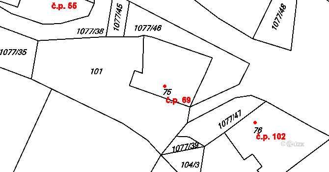 Čimelice 69 na parcele st. 75 v KÚ Čimelice, Katastrální mapa