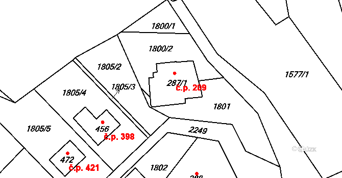 Hanušovice 209 na parcele st. 287/1 v KÚ Hanušovice, Katastrální mapa