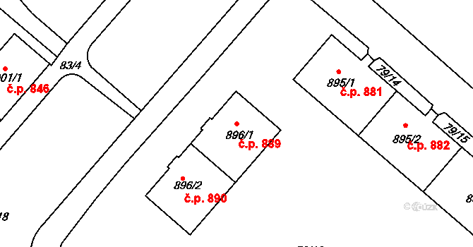 Neratovice 889 na parcele st. 896/1 v KÚ Neratovice, Katastrální mapa