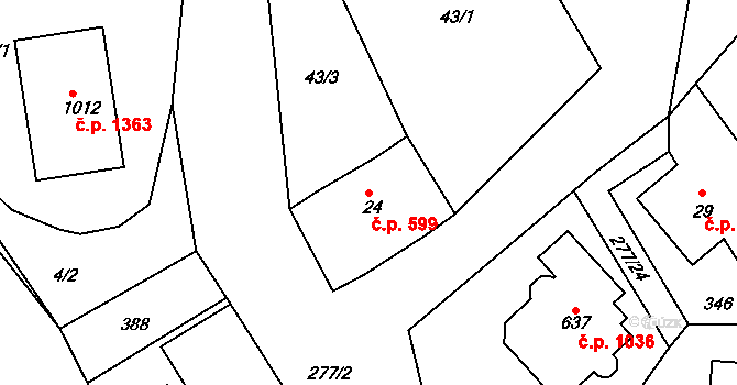 Rudná 599 na parcele st. 24 v KÚ Hořelice, Katastrální mapa