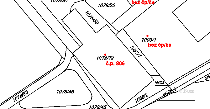 Vyškov-Předměstí 806, Vyškov na parcele st. 1078/78 v KÚ Vyškov, Katastrální mapa